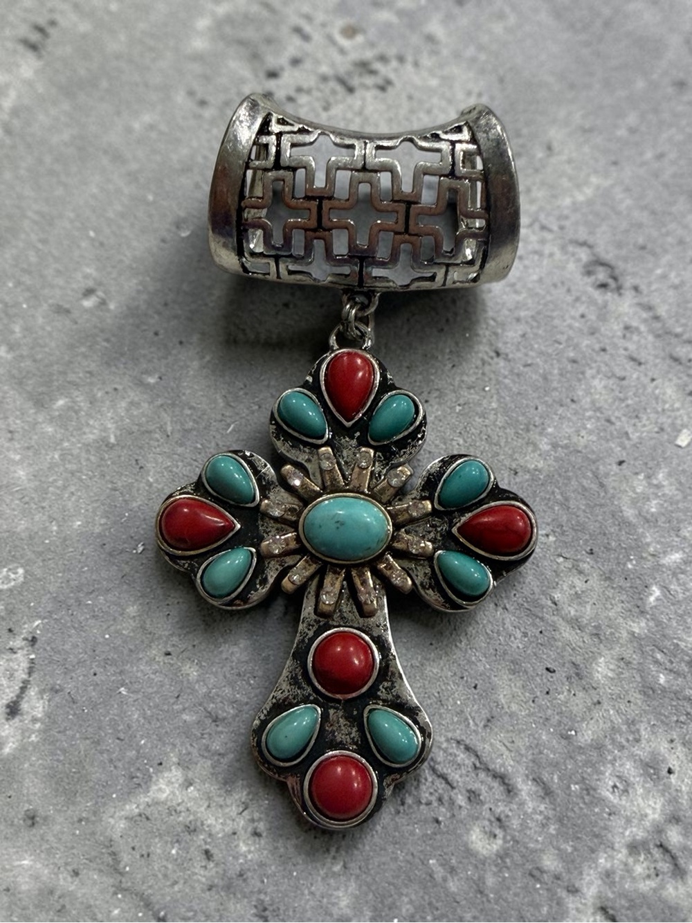 Silver Cross Pendant with Turquoise and Red Stone Accents
